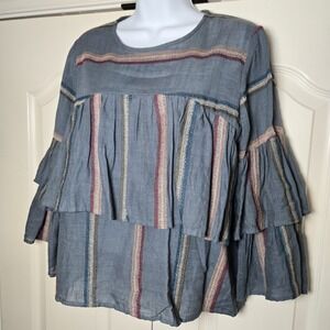 Talori Embroidered Woven Blouse Size Medium Blue Boho Ruffled